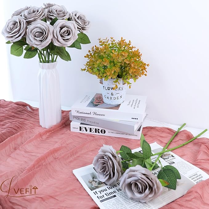 12pcs Artificial Rose Flower Grey Rose Flowers with Long Stem Silk Roses Bouquet for Wedding Bridal Shower Party Home Decoration