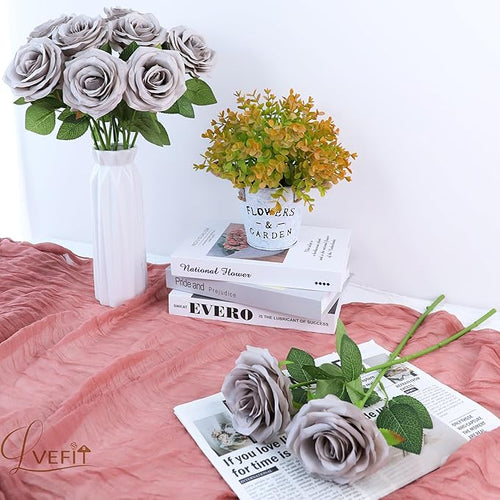 12pcs Artificial Rose Flower Grey Rose Flowers with Long Stem Silk Roses Bouquet for Wedding Bridal Shower Party Home Decoration