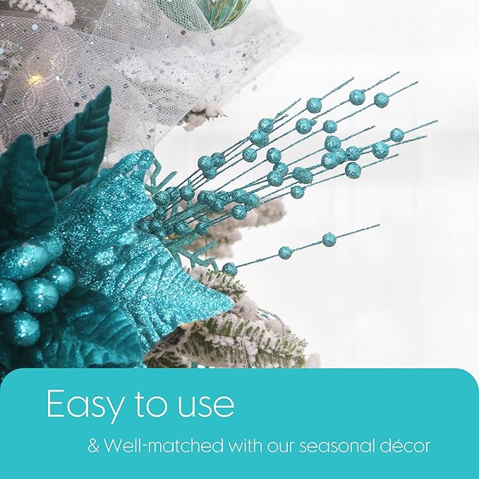 Sea Team 24-Pack Artificial Glitter Berry Stem Ornaments, Decorative Bead Sticks, Glittery Twigs, Picks, Branches for Christmas Tree, Small Vase, Holiday, Wedding, Party (17 Inches, Turquoise)