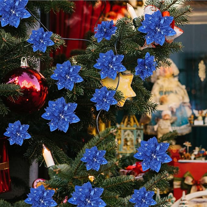 Geosar 24 Christmas Glitter Artificial Poinsettia Flowers Xmas Poinsettia Artificial Wedding Flowers Decorations Xmas Tree Ornaments with Clips for Party Favors, 6 Inch, 4 Inch, 3 Inch (Royal Blue)