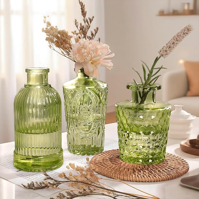 Green Small Bud Vases in Bulk 12, Vintage Embossed Flower Vases for Centerpieces, Boho Glass Vase for Flowers, Decorative Mini Vase for Wedding Decoration Party Baby Shower Home Dining Table