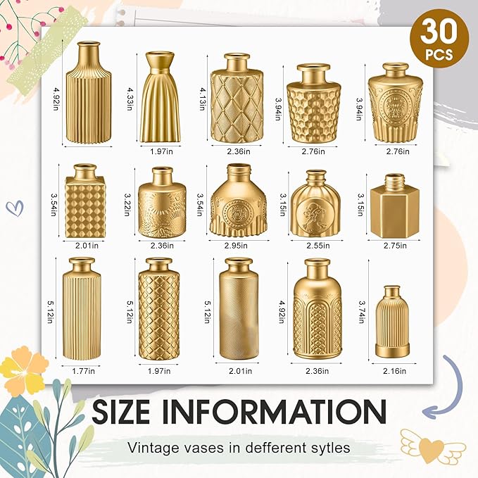 Yaomiao 30 Pcs Vases Bulk Colored Flower Glass Christmas Vases Bud Vintage Colored Glass Bottles Colorful Rustic Embossed for Home Wedding Table Decorations Gifts(Gold Series)