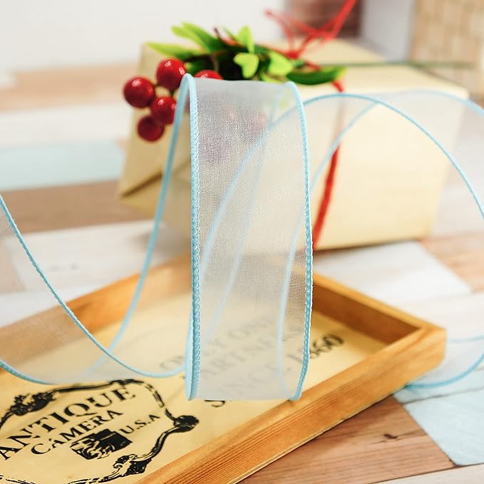 CT CRAFT LLC Sheer Organza Wired Ribbon 1.5" x 50Yards Blue for Wedding Chair Bow Flora Bouquet Gift Wrapping Christmas Tree Home Decor Wreath