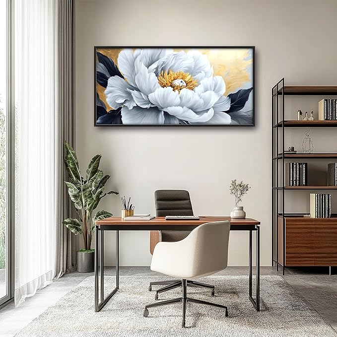 Flower Large Wall Art Framed Gold Wall Decor for Living Room Abstract Floral Pictures Oversized Canvas Print Painting Modern Extra Large Framed Artwork for Bedroom Office Home Decor 60"x30"