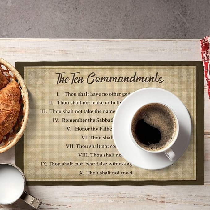 10 Commandments Placemats Set of 4, Ten Commandments Christian Religious Bible Verse Place Mats Washable Double-Sided Table Mats for Kitchen Dining Room Home Party Indoor Decor 4 PCS 12x18 Inch