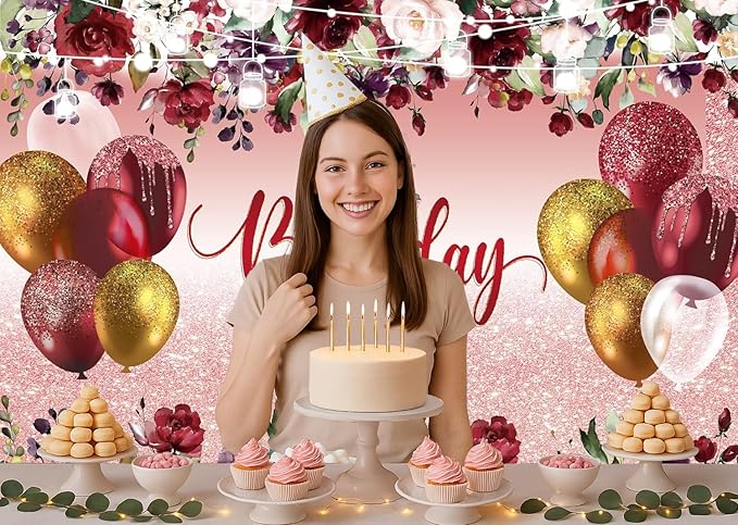 LTLYH Birthday Party Backdrop, 8x6ft, Red Flowers with Golden Glitter, Polyester, Decoration Banner, Photography Background, Birthday Party Supplies