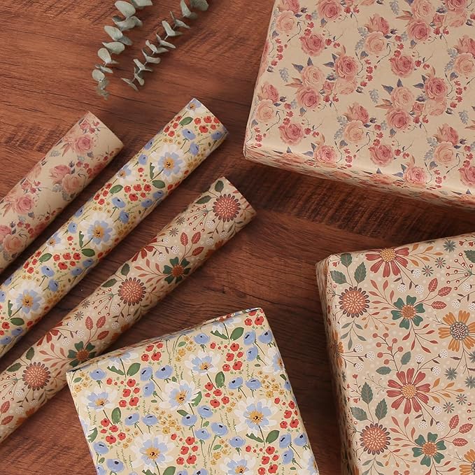 Aimyoo Kraft Floral Wrapping Paper Roll - Mini Roll - 17 Inch x 16.4 Feet - All Occasion Vintage Flower Gift Wrap Paper for Mother's Day Wedding Birthday Bridal Shower