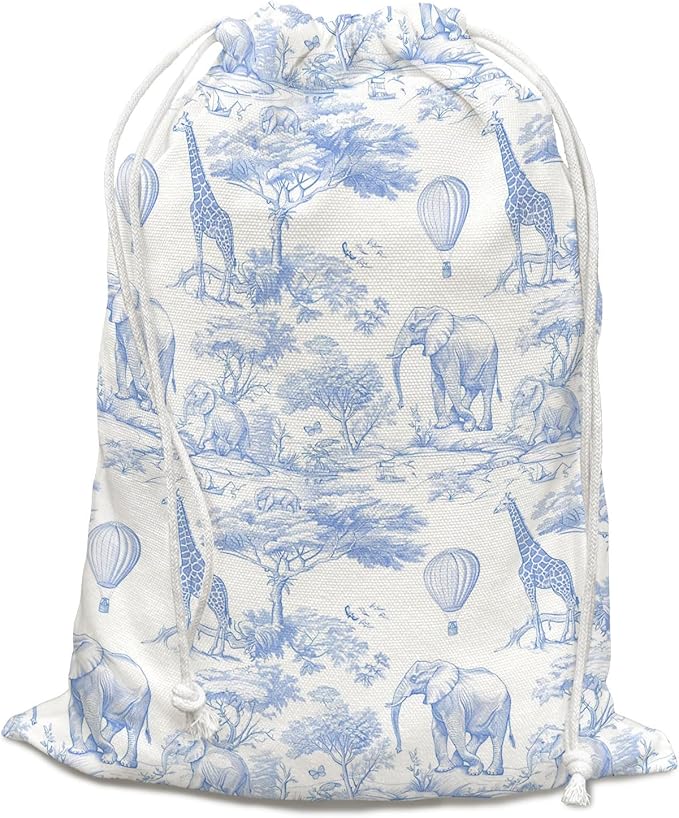 DSHFG Light Blue Birthday Drawstring Gift Bags, Safari Toile Chinoiserie Animals Baby Shower Drawstring Gift Bags Canvas, Blue and White Small Happy Birthday Bag, 10x13 Inch