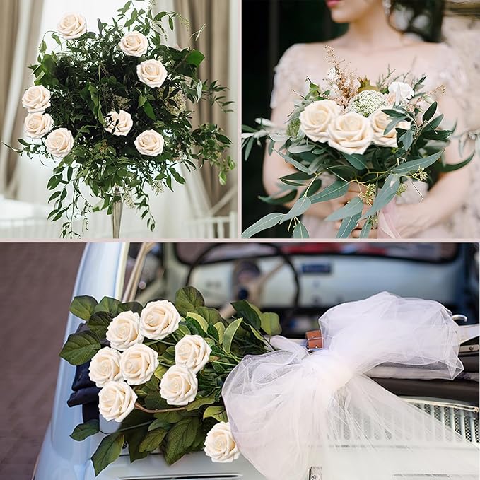 100PCS Champagne Artificial Flowers Roses Real Looking Foam Fake Roses with Leaves for DIY Wedding Bouquets Bridal Shower Centerpieces Party Decorations (Champagne, 100)