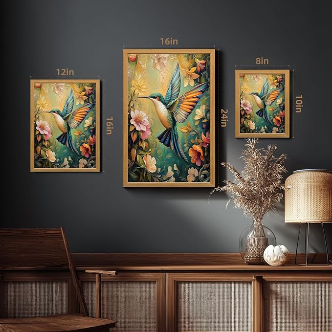 LLEEMPI William Morris Wall Art, Vintage Bird Floral Wall Decor, Hummingbird Flower Canvas Painting, Colorful Nature Botanical Aesthetic Picture for Living Room Bedroom Kid Room Wood Framed 16x24 inch