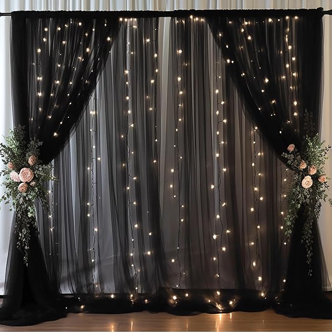 30x10ft Black Tulle Backdrop Curtain with Lights String for Parites, Sheer Backdrop Curtains for Wedding Baby Shower Birthday Party Photo Shoot Decorations