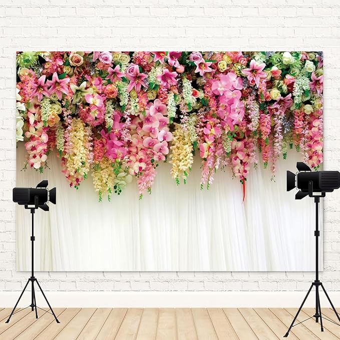 15x8ft Pink Floral Backdrop White Curtain Wedding Reception Photography Background Colorful Flowers Anniversary Bridal Shower Decorations Birthday Party Baby Shower Portrait Photo Booth Prop