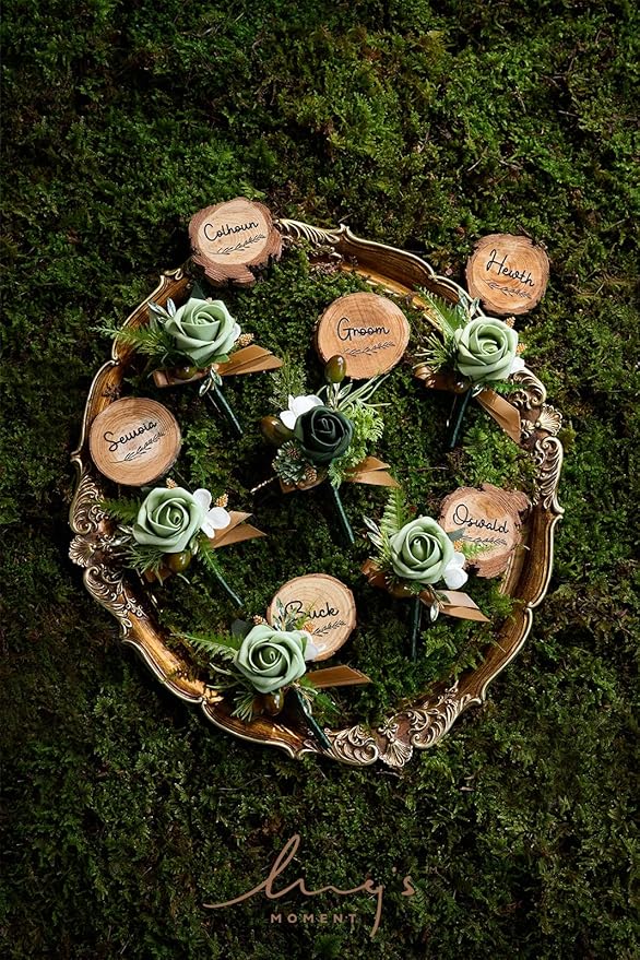 Ling's moment Boutonniere for Men, 6pcs Groom Groomsmen Boutonniere, Artificial Flowers for Wedding Decor/Prom/Homecoming, etc.Green Beige