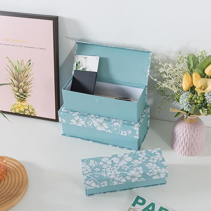 Soul & Lane Decorative Storage Boxes with Lids, Set of 3 Cardboard Boxes for Home Décor and Documents, Memory Organizers for Keepsakes with Magnetic Closure, Photo Storage, Blue Botanical