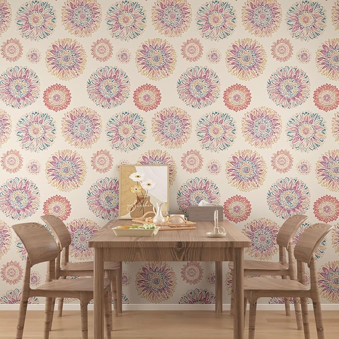 Boho Wallpaper Peel and Stick, Vintage Circle Floral Contact Paper, Abstact Beige/Blue/Pink Retro Flower Wall Paper Self Adhesive Removable Waterproof for Walls Shelves Cabinet Table 17.5" x 118"