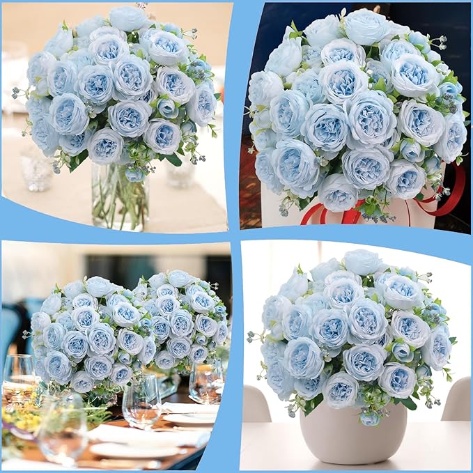 6 Pcs Peonies Artificial Flowers Bulk, Blue Silk Peonies Fake Bouquet for Floral Centerpieces, Realistic Faux Peony Flower for Flower Arrangements Wedding Decoration vase