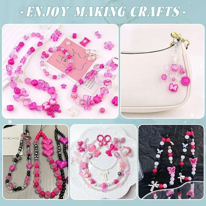 Assorted Acrylic Beads, 200-260PCS Rose Pink Cute Beads for Bracelet Making, GummyBear Bow Flower Kawaii Charms for Jewelry Making DIY Necklace Keychain Phone Charm Christmas Gift
