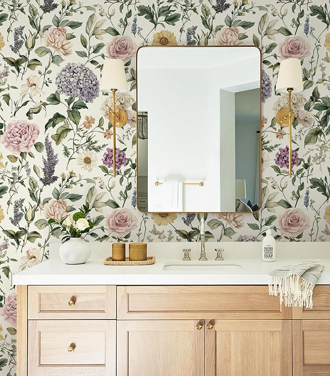 HeloHo Floral Peel and Stick Wallpaper Vintage Floral Contact Paper Boho Flower Botanical Wallpaper Removable Self Adhesive Farmhouse Wall Paper for Cabinets Bathroom Bedroom Vinyl 17.3"x78.7"