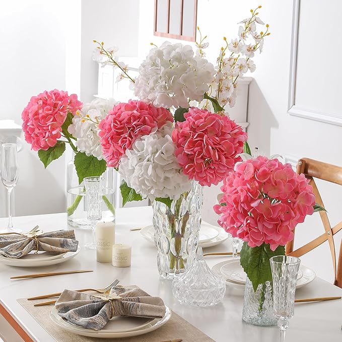 3Pcs Hydrangea Artificial Flowers, 22.44" Real Touch Latex Faux Hydrangea with Long Stems & Leaves for Home Office Decor or Wedding, Party, Centerpieces, Floral Arrangements (Pink)