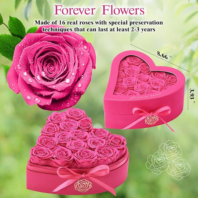 16 Forever Flowers in Heart Shaped Box - Preserved Roses Romantic Gifts for Her, Valentine’s Day, Anniversary, Wedding (Magenta)