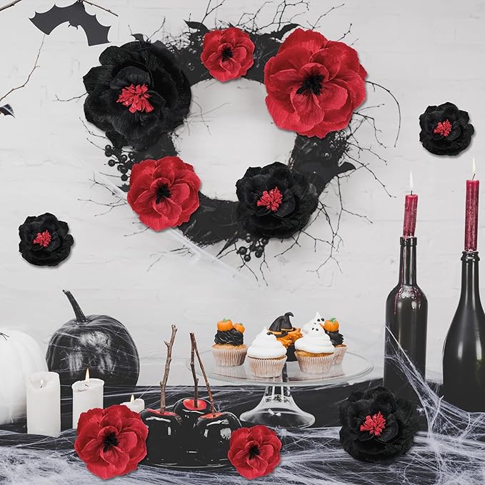Giant Paper Flowers Artificial Large Paper Flower Decoration for Handcrafted Wall Backdrop Christmas Mexican Wedding Graduation Bridal Shower Birthday Party Supplies(Wine Red and Black,12 Pcs)