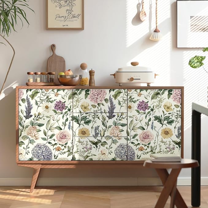 HeloHo Floral Peel and Stick Wallpaper Vintage Floral Contact Paper Boho Flower Botanical Wallpaper Removable Self Adhesive Farmhouse Wall Paper for Cabinets Bathroom Bedroom Vinyl 17.3"x78.7"