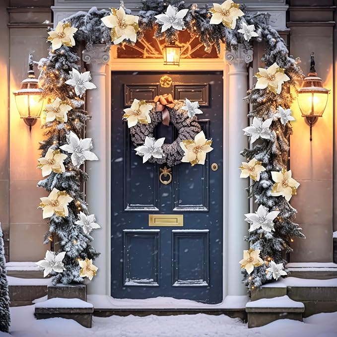 Boao 24 Pieces Christmas Artificial Glitter Poinsettia Flowers Xmas Flowers Wedding Christmas Tree New Year Ornaments (Gold and Silver)