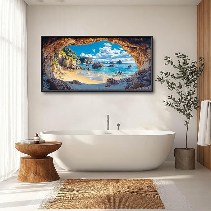 Beach Large Wall Art Rocky Cave Pictures Wall Decor Coastal Canvas Seascape Print Painting Modern Artwork Home Decoration for Living Room Bathroom Bedroom Office Framed 60"x30"