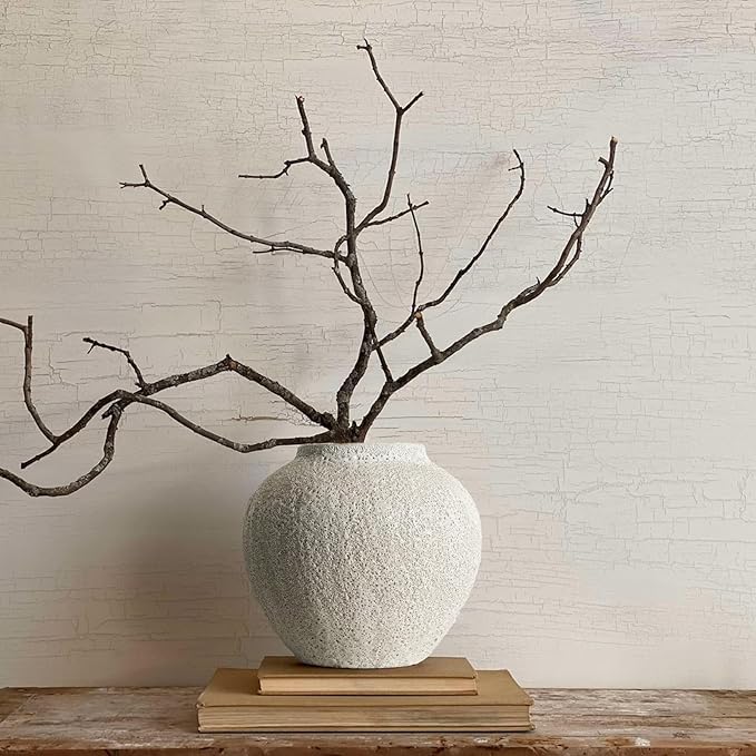 Rustic White Ceramic Vase Farmhouse Round Flower Clay Pottery Large Terracotta Floor Vases for Decorative Centerpiece Vintage Home Decor Aesthetic for Living Room Bedroom Table Entryway