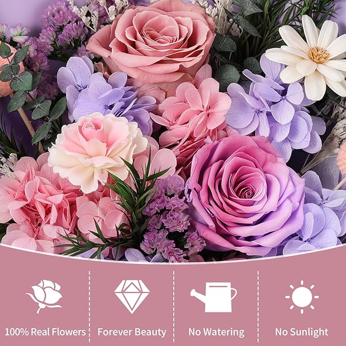 Lewondr Flower for Delivery, Preserved Flowers Bouquet, Purple Rose Bouquet, Real Long-Lasting Forever Birthday Flowers Gifts for Mom Grandma Wife Women Mothers Day Anniversary Christmas, Pink-Purple