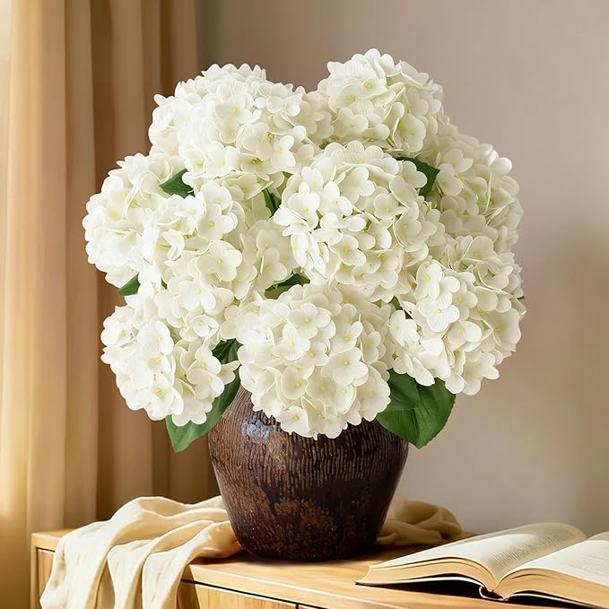 A Bunch 21in， White Real Touch Hydrangea Artificial Flowers， with 5pcs Flower Head 10pcs Leaves， Faux Hydrangea Flowers for Home Office Decor Wedding Party Arrangements (1, White)
