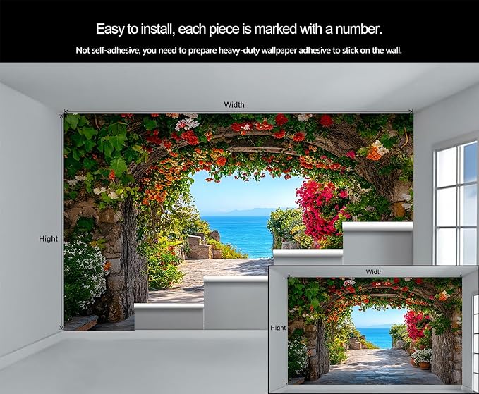 Mediterranean Arch Seaside Wall Mural, Flower Tunnel Ocean View 3D Wall Murals, Greek Island Style Wallpaper Mural, for Living Room Bedroom Large Wallpaper Indoor Decor 59" W x39.4 H