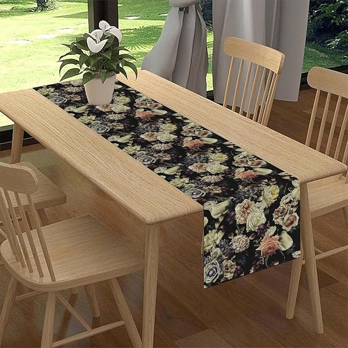 Gothic Floral Table Runner, Vintage White Blue Floral Boho Flower Garden Botanical Spring Seasonal Print Table Center Decor for Family Kitchen Table Decorations Indoor Outdoor 13x36 inch