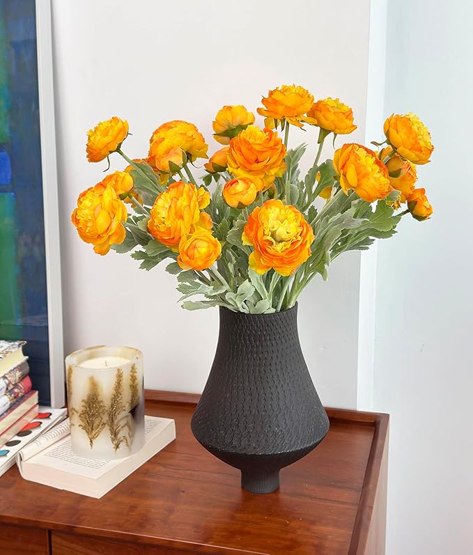 7 pcs Orange Peonies Artificial Flowers, Fake Ranunculus for for vase, Fake Silk Flowers for Home Table Centerpiece Office Desk Farmhouse Kitchen Dining Coffee Table Decoration (Light Orange)