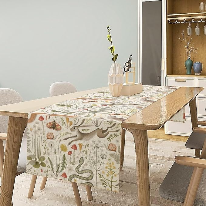 Country Forest Table Runner, Wild Animal Hare Squirrel Owl Snake Snail Flowers Mushroom Print Table Runner for Spring Holiday Farmhouse Kitchen Indoor Outdoor Decoration, 13x90inch