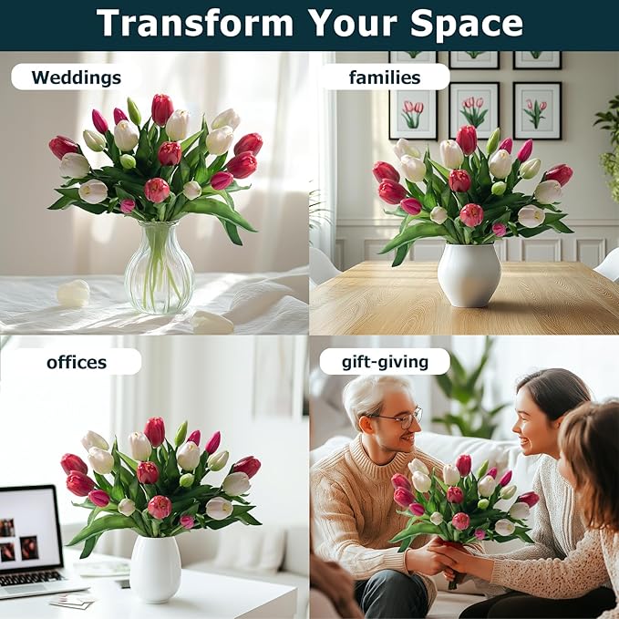 20PCS Fake Tulips Artificial Tulip Silk Flowers Fake PU Bouquet Artificial Flowers Faux Flowers with Gift Box Soft Faux Tulips Bouquets Arrangements for Party Wedding Home