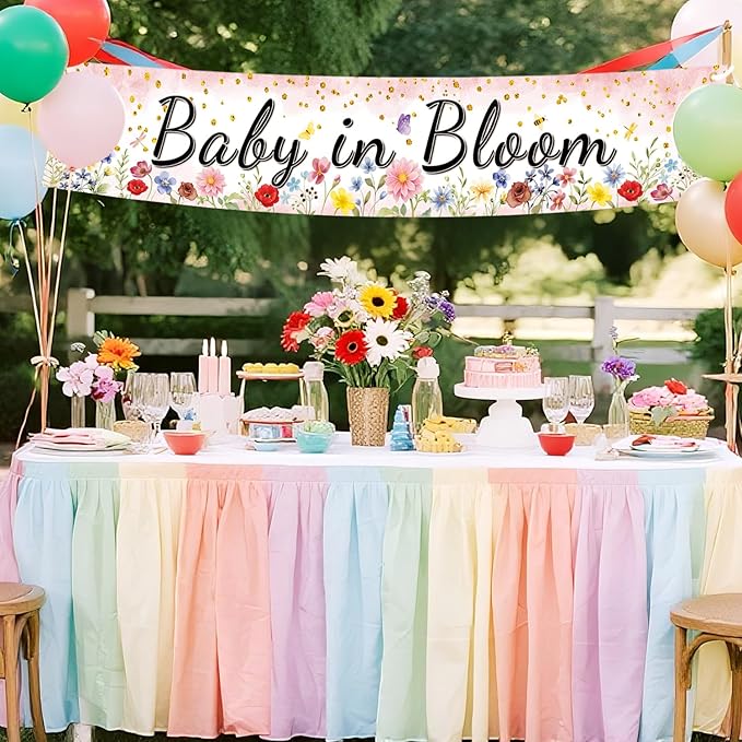 Pink Coral Baby in Bloom Baby Shower Banner, Floral Watercolor Floral Design, Party Decoration, 180x33 cm