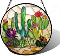 Stained Glass Window Hanging, White Green Cactus Suncatcher Diamond Glass Panel Hangings Sun Catchers Decor for Birthday for Women, Men, Wife, Aunt, and Mom 6.3 in