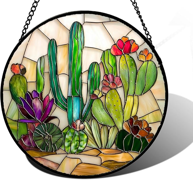 Stained Glass Window Hanging, White Green Cactus Suncatcher Diamond Glass Panel Hangings Sun Catchers Decor for Birthday for Women, Men, Wife, Aunt, and Mom 6.3 in