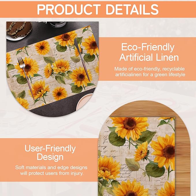 Vintage Sunflower Placemats Set of 6,Waterproof Heat Resistant Dining Table Plate Mat for Home Kitchen Dining Table 12x18Inch