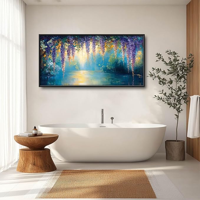 Wisteria Floral Large Wall Art Country Flower Pictures Wall Decor Lake Canvas Landscape Print Painting Modern Artwork Home Decoration for Living Room Bathroom Bedroom Office Framed 60"x30"