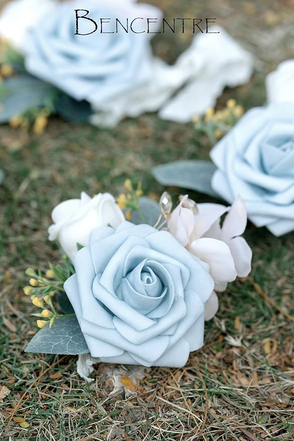 Dusty Blue Corsage for Wedding(Set of 6),Wrist Corsage,Corsage for Prom,Party Prom Hand Flower Decor,Mother of The Bride Corsage,