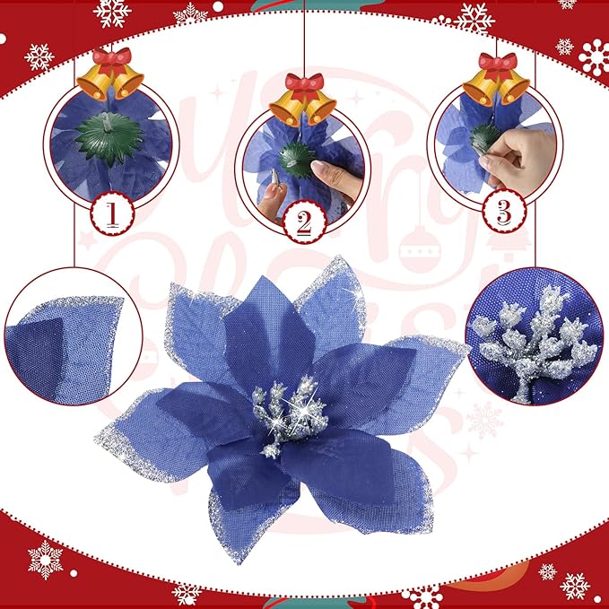 WILLBOND 24 Pcs 3 Size Poinsettia Flower Artificial Christmas Decor Glitter Poinsettia Christmas Ornaments Faux Flowers for Xmas Tree Outdoor(3.2/4/6 Inches,Navy Blue)