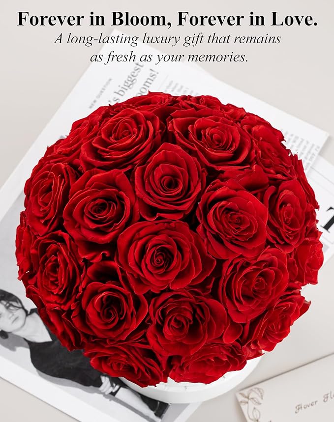 27 Forever Roses Dome in White Box, Eternal Real Roses Gifts for Women, Preserved Flowers for Delivery Prime, Anniversary, Valentine's Day, Christmas, Birthday for Her (Red)