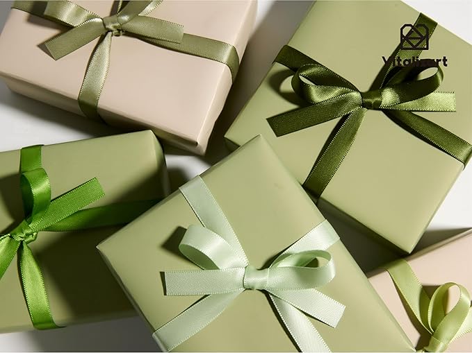 Vitalizart Green Ribbons for Crafts 3/8" x 50 Yd Satin Ribbon Double Face Gift Wrapping Silk Like Fabric Flower Bouquet Birthday Party Decorations Bridal Shower Wreath Hair Continuous Dark Sage Green