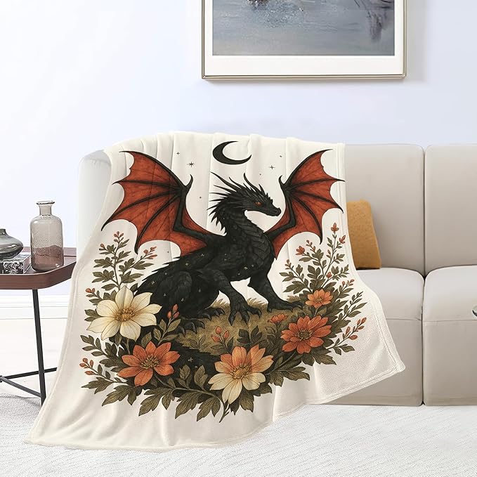 Black Dragon Blanket Floral Dragon Throw Blanket Soft Cozy Fleece Fuzzy Stuffed Plush Flannel Gifts for Girls Women Boys Kids Adults 40''x50''