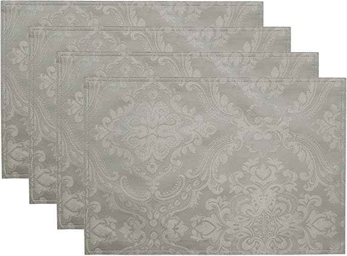 Elrene Home Fashions Caiden Elegance Damask Waterproof, Stain & Wrinkle Resistant Fabric Placemats (Set of 4), 13" x 19", Silver