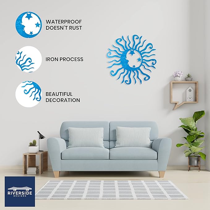 Riverside Designs Wacky Solar Moon Metal Wall Art Steel Outdoor Decor | Heavy-Duty and Waterproof | Made in USA (Teal, 18L x 18W)