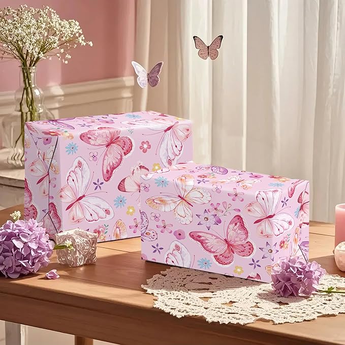 WRAPAHOLIC Pink Butterfly Wrapping Paper Roll - Mini Roll - 17 Inch x 9.8 Feet - Fantasy Floral Butterfly Design, Perfect for Birthday, Wedding, Bridal Shower
