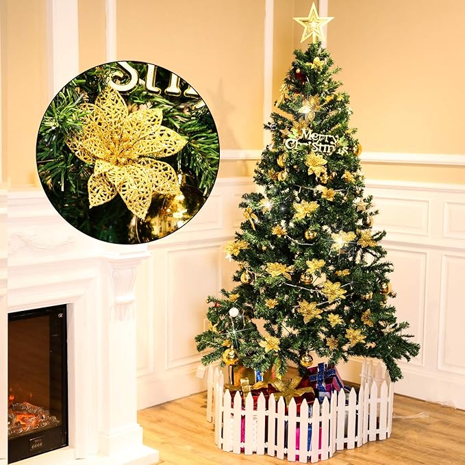 Boao Gold 24 Pieces Poinsettia Flower Christmas Glitter Artificial Poinsettia with Clips Christmas Tree Ornament Decorations for DIY Xmas Wreath Holiday Home Party Decor, 3/4/6 Inches